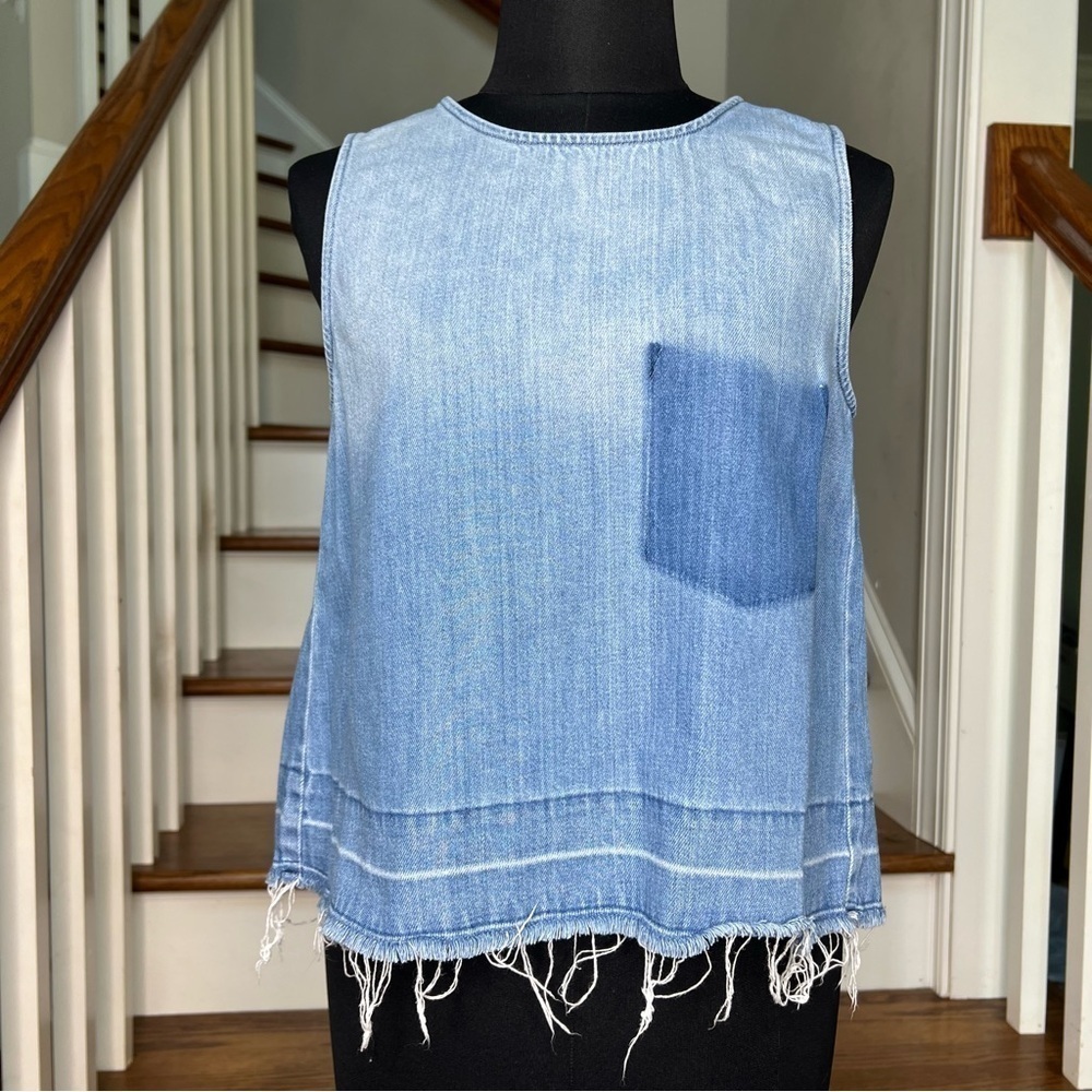 Cloth & Stone Anthropologie Denim Split Back Raw Hem Top - Picture 2 of 10